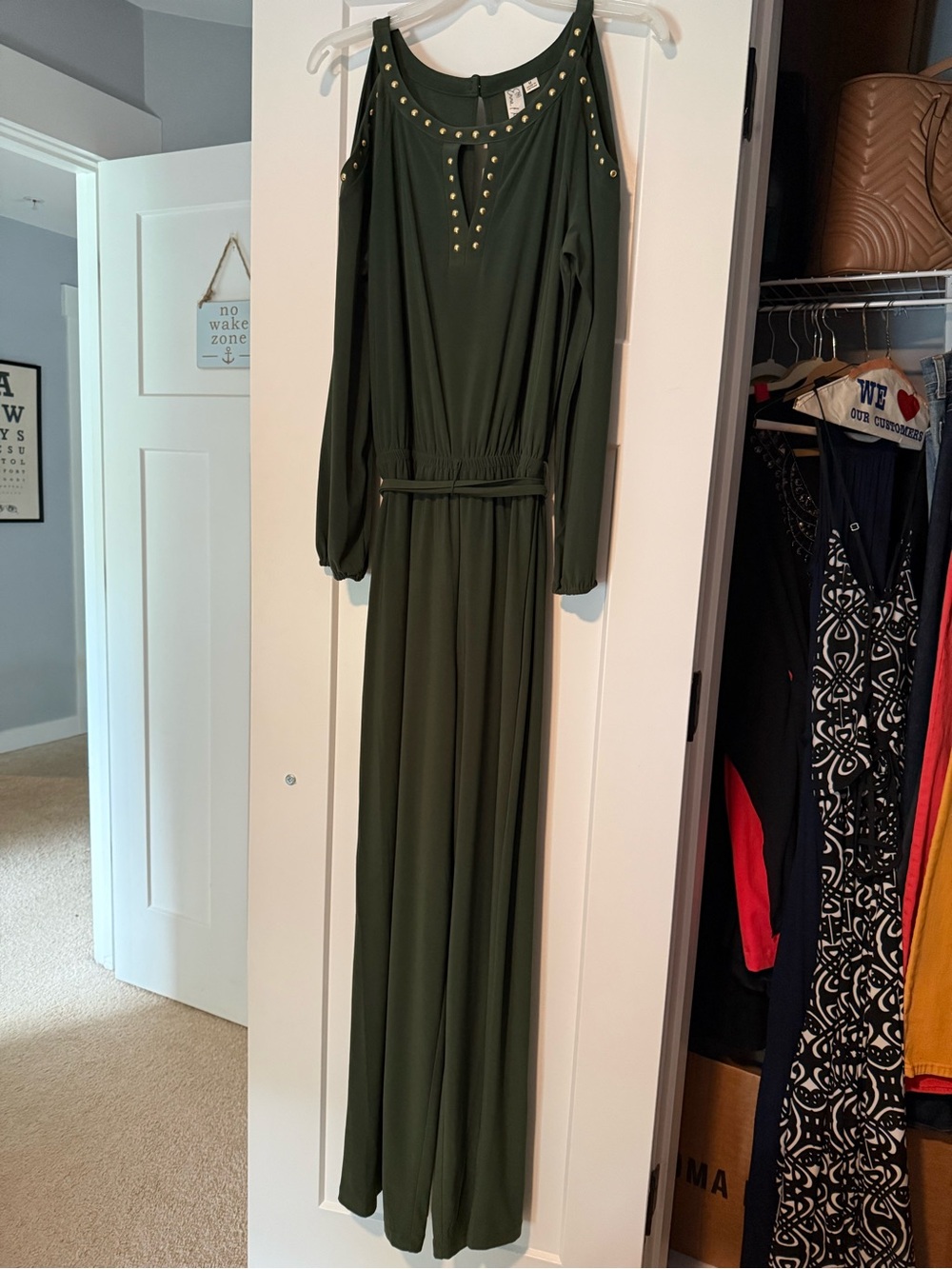 Emma & Michele Olive Green Cold-Shoulder Jumpsuit with Gold Studs